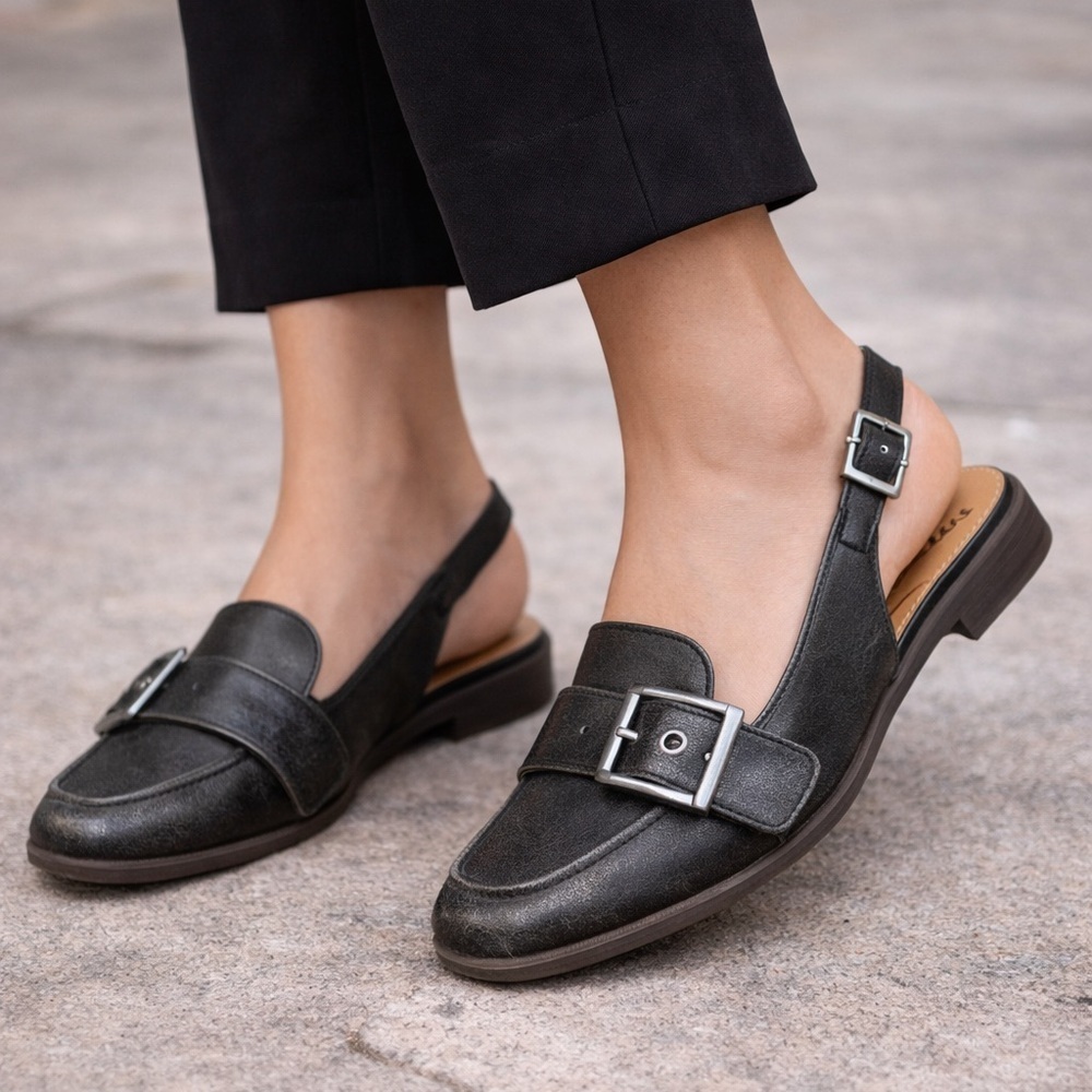 Zodiac Black Leather Slingback Mules with Buckle